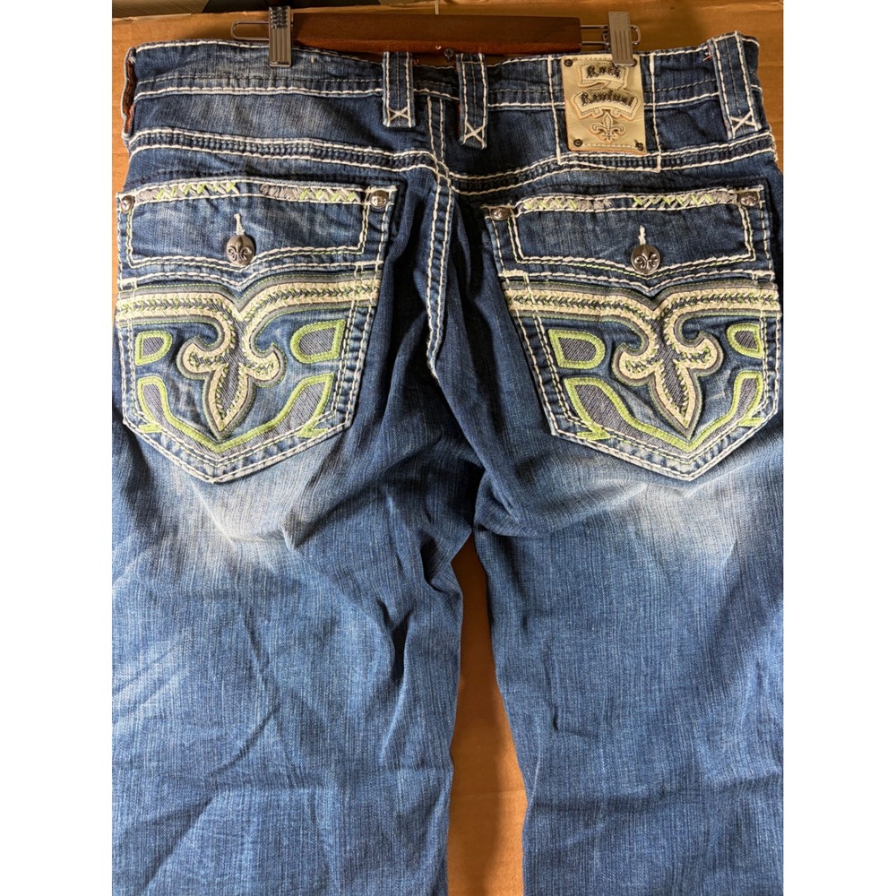 Rock‎ Revival Lowry Straight Jeans Mens 38 Blue Lime Green Stitch Flap Pocket